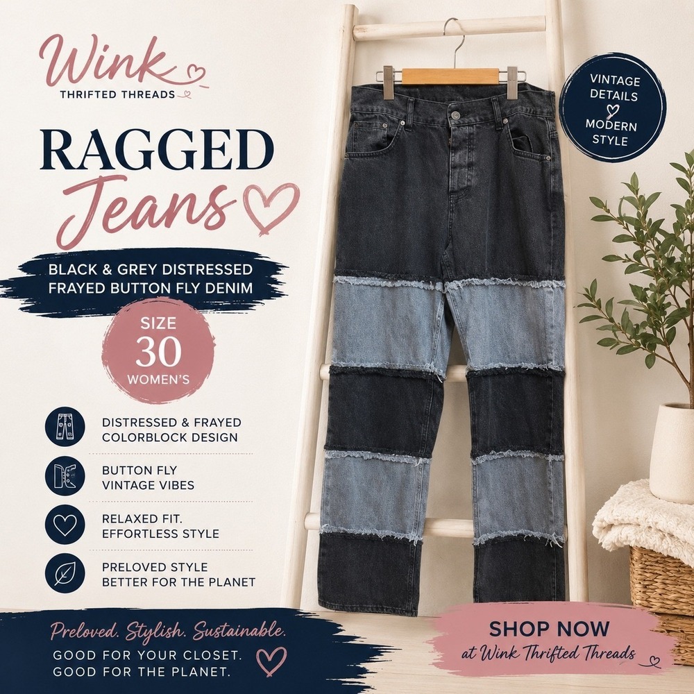 RAGGED Jeans Women's Size 30 – Black & Grey Distressed‎ Frayed Button Fly Denim
